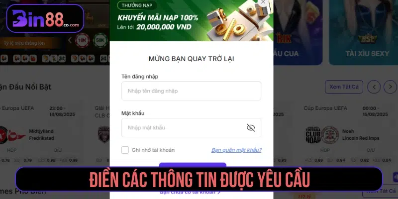 Nhập thông tin đăng nhập tài khoản BIN88